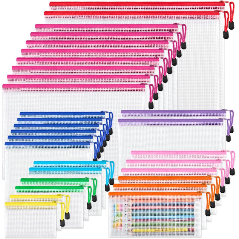 JARLINK 30 Pack 8 Sizes Mesh Pouch, 9 Colors, Waterproof Zipper File Bags Document Multipurpose Travel Bags for Office, School, Board Game, Puzzles, Cosmetics, Travel Accessories, and Home Organize - Image 1